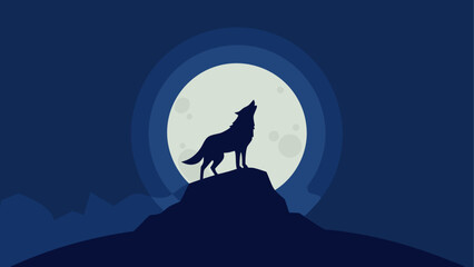 Silhouette wolf howling at the full moon