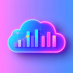 Generated image of a neon cloud icon with bar and line charts, glowing gradient background, symbolizing data analytics, cloud computing and digital storage, square 1:1.
