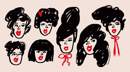 Women with black hair, red lips. Female portraits. Cute funny characters. Trendy modern art. Quirky, minimal, abstract contemporary style. Hand drawn Vector illustration. Isolated design elements 