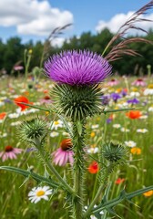 Vibrant thistle bloom in a colorful wildflower meadow under a sunny blue sky