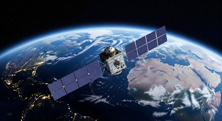 High-Tech Satellite with Solar Panels Orbiting Earth Showing Continents, Oceans, and Global Connectivity