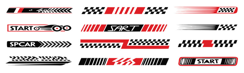 Racing cars and race car stripes set. Checkered patterns, checkered flag, start and finish line, motocross labels, dynamic lines, motorsport, racing stripe speed, sport decals, tuning stickers
