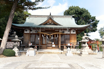 Traditional Japanese Shinto Shrine Honden/Haiden with Stone Stairs and Lanterns