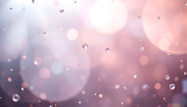 Water droplets on bright abstract background. Macro image of transparent droplets floating in air against pink and blue background. Concept of purity, freshness, and lightness.