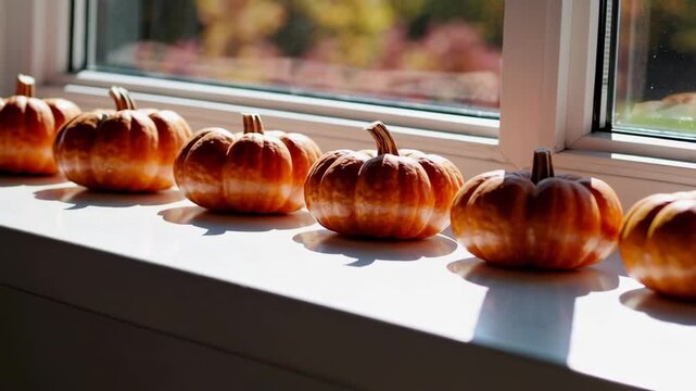 Autumn sunlight illuminates decorative pumpkins on a bright windowsill