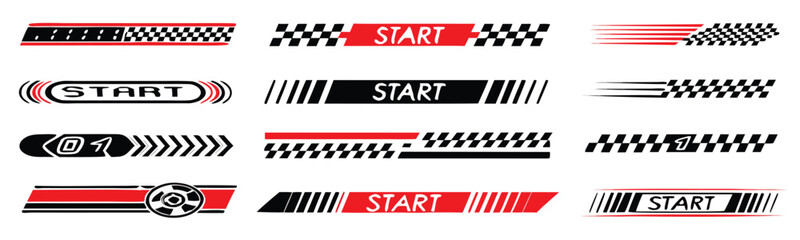 Racing cars and race car stripes set. Checkered patterns, checkered flag, start and finish line, motocross labels, dynamic lines, motorsport, racing stripe speed, sport decals, tuning stickers
