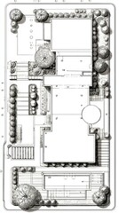 Backyard design sketch showing lawn, trees, buildings. For landscaping planning
