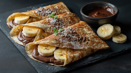 Crepes with Nutella and banana slices, styled on slate board, moody tones.