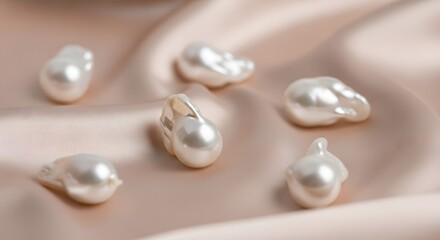 Luxurious closeup of unique, irregular baroque pearl scattered on a delicate, smooth, beige or rose gold silk or satin fabric background, perfect for jewelry or fashion theme