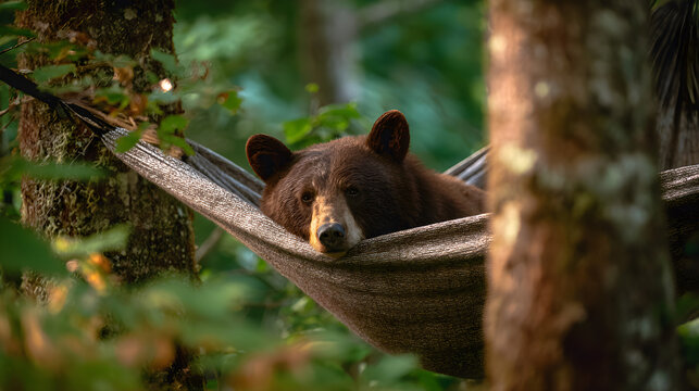 Bear relaxing in hammock - Powered by Adobe