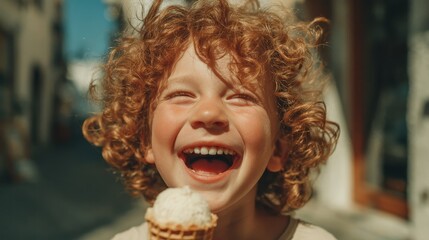 Naklejka premium A curly red-haired boy laughs while enjoying an ice cream cone outdoors. Showcase joy, childhood, summer treats, and happy memories in advertising.