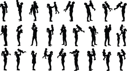 Silhouettes of parents and children playing, lifting, bonding, and interacting in various poses, perfect for family, parenting, and childcare themes.
