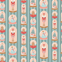 A whimsical seamless Christmas pattern featuring charming snow globes with nutcrackers, snowmen, gingerbread houses, and decorated Christmas trees. Playful and cozy, retro-inspired.