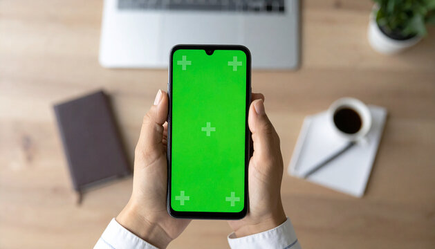 An anonymous businessman hand holding a smartphone with a green screen mockup, ready for a video call, set in a modern professional office environment with sleek