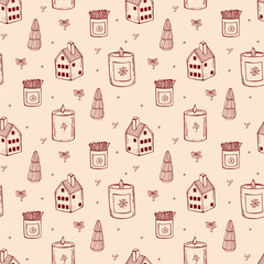 Whimsical Christmas seamless pattern with candle and christmas tree in red color. Vector linear hand drawn wrapping paper