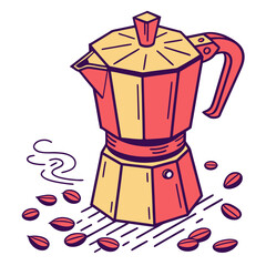 Red and yellow coffee maker with beans and steam moka pot