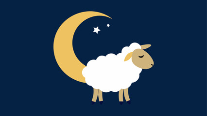 Sheep with moon and stars in dark night
