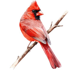 Watercolor painting of a male northern cardinal perched on a branch isolated on transparent background, showcasing its vibrant red plumage and distinctive crest