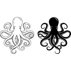 Octopus Duo - Black and White Sea Creatures.