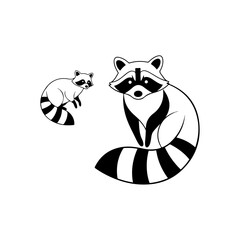 Raccoon Family Illustration - Mother and Baby Raccoons in Black and White.