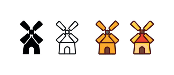 Vector icon flour mill four styles black solid glyph outline minimal flat multicolor filled cartoon flat shaded.