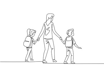 Single continuous line drawing rear view, a mother holds her son and daughter on her right and left. Walk happily together to school. Walk Safely To School Day. One line design vector illustration