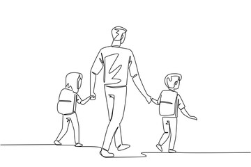 Continuous one line drawing rear view, a father holds son and daughter on his right and left. Walk leisurely to the school gate. Walk Safely To School Day. Single line draw design vector illustration