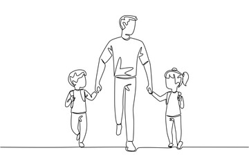 Single continuous line drawing a father holds his son and daughter on his right and left. The figure of a modern father. Responsible. Walk Safely To School Day. One line design vector illustration