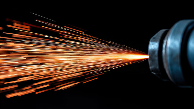 Grinding sparks fly in long orange streaks from rotating metal tool under low light, conveying motion, heat and industrial metalwork intensity