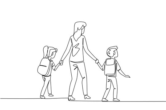 Single continuous line drawing rear view, a mother holds her son and daughter on her right and left. Walk happily together to school. Walk Safely To School Day. One line design vector illustration