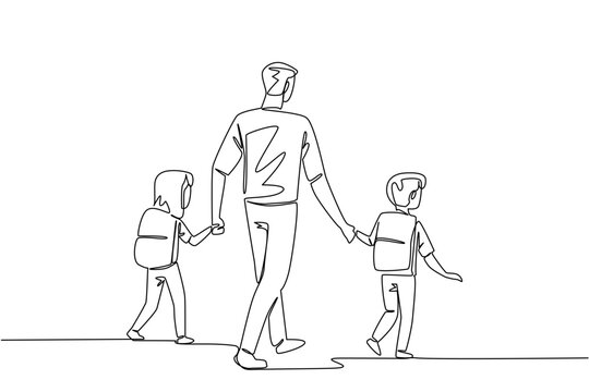 Continuous one line drawing rear view, a father holds son and daughter on his right and left. Walk leisurely to the school gate. Walk Safely To School Day. Single line draw design vector illustration