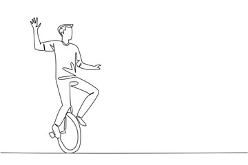Single one line drawing man riding unicycle waving his hand. Greet the audience with a wave. Reckless show without safety equipment. Ride a Unicycle Day. Continuous line design graphic illustration