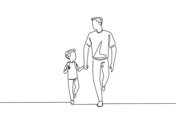 Fototapeta premium Single continuous line drawing little boy carrying backpack walking hand in hand with his father. Fun with Dad. Experiences. Responsible. Walk Safely To School Day. One line design vector illustration