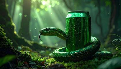 Symbolic green viper guards a mysterious beverage can in a magical forest with ethereal sunbeams
