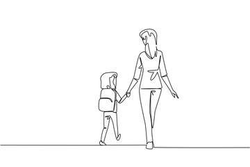 Continuous one line drawing a little girl carrying a backpack walking hand in hand with her mother. Love the child in other ways. Walk Safely To School Day. Single line draw design vector illustration