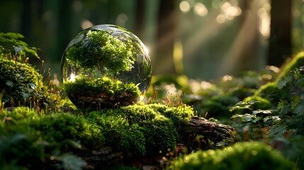 Small globe of the Earth, covered in lush green moss and plants, is resting on the forest floor. Magical sunbeams break through the canopy above.