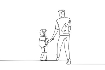 Single one line drawing a boy carrying a backpack walking hand in hand with his father. Teaching responsibility to his son. Walk Safely To School Day. Continuous line design graphic illustration