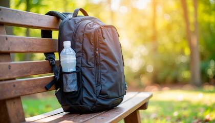 Black backpack with water bottle resting on wooden bench in sunlight  