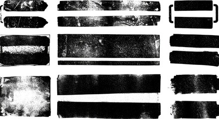 Naklejka premium Black linocut stamp textures on an acid white background. Handmade ink roller set with rough edges and aged effects, creating grunge urban backdrops and distressed street art overlays. 