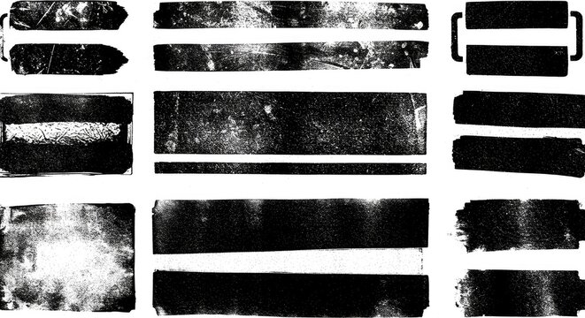 Black linocut stamp textures on an acid white background. Handmade ink roller set with rough edges and aged effects, creating grunge urban backdrops and distressed street art overlays.
