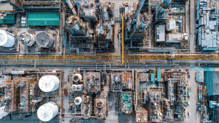 Overhead view shows complex oil refinery with pipes and industrial buildings. Use this for energy, manufacturing, or construction related content needs.