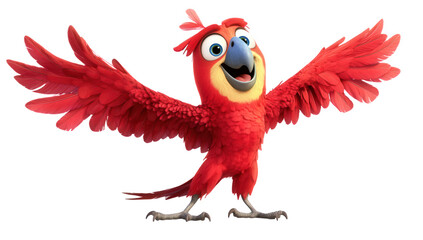 A cheerful red macaw isolated on transparent background, spreading its wings wide with a joyful expression, embodying the spirit of adventure and tropical paradise