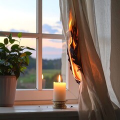 Burning curtain by candlelight