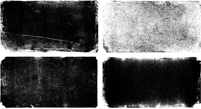 Black linocut stamp textures on an acid white background. Handmade ink roller set with rough edges and aged effects, creating grunge urban backdrops and distressed street art overlays.

