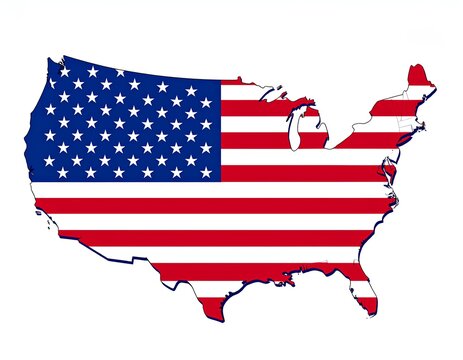 Graphic illustration of the United States map silhouette filled with the American flag pattern, representing national pride