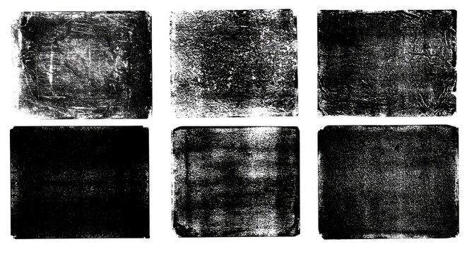 Black linocut stamp textures on an acid white background. Handmade ink roller set with rough edges and aged effects, creating grunge urban backdrops and distressed street art overlays.

