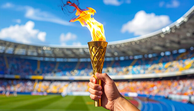 A close-up of a hand holding a flaming Olympic-style torch in a stadium under a bright blue sky. The image symbolizes victory, sportsmanship, and the spirit of competition