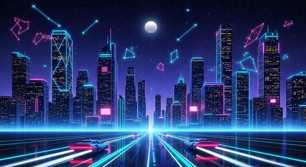 Neon horizon city nightscape with futuristic cars under a starry sky and grid road