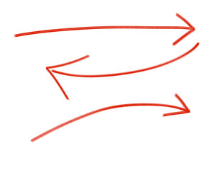 Three handdrawn red arrows pointing in different directions, isolated on transparent background, representing direction, movement, and choice in a simple graphic illustration
