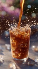 Ice cold beverage pours into glass with splashes and ice cubes in sunny setting